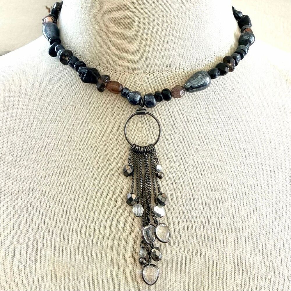 Dark Gothic Beaded Necklace w / Chain Fringe & Clear Teardrop Charms